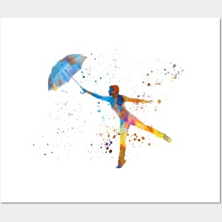 happy woman holding umbrella silhouette in watercolor Posters and Art